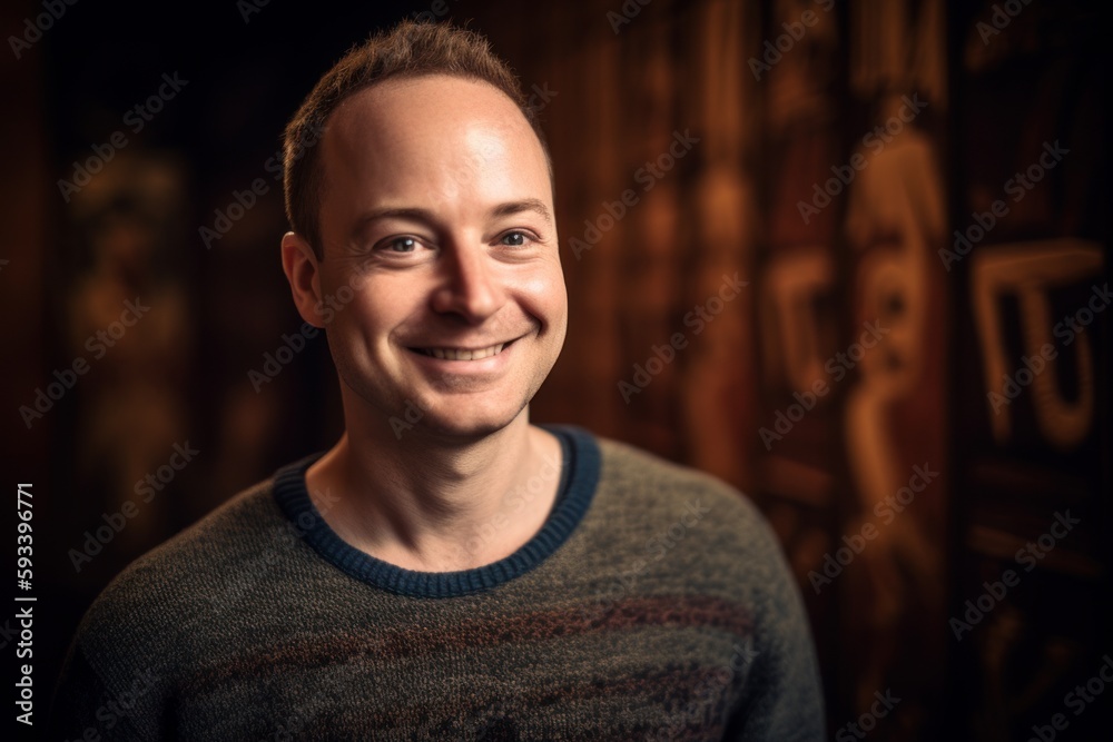 Portrait of a handsome young man smiling in a dark room. Portrait of a handsome young man smiling in a dark room.