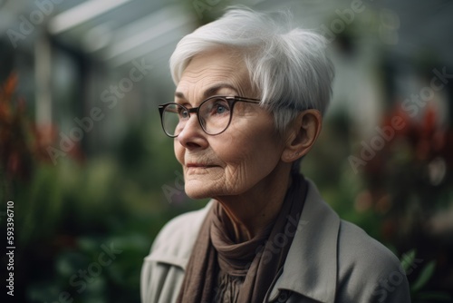 Portrait of an elderly woman with glasses standing in a greenhouse.