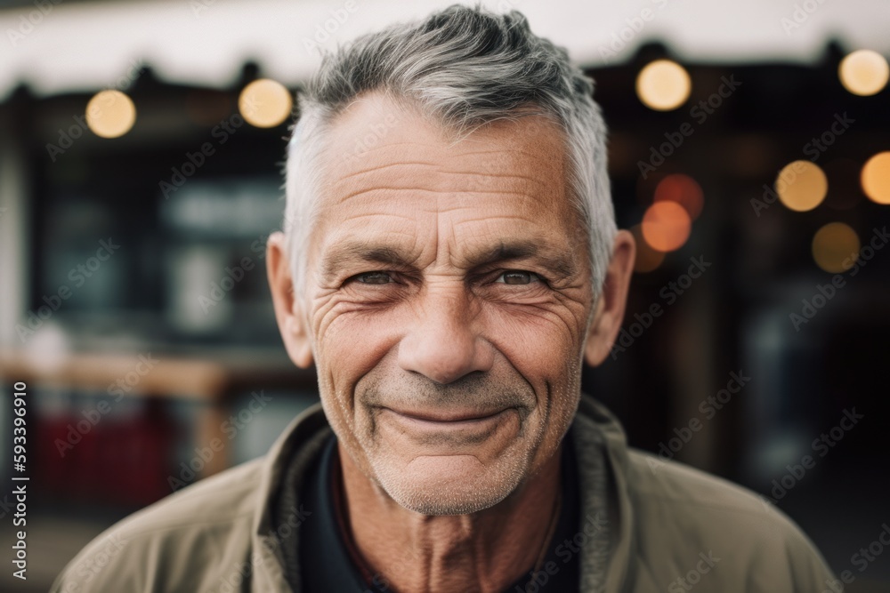 Portrait of smiling senior man looking at camera while standing in cafe
