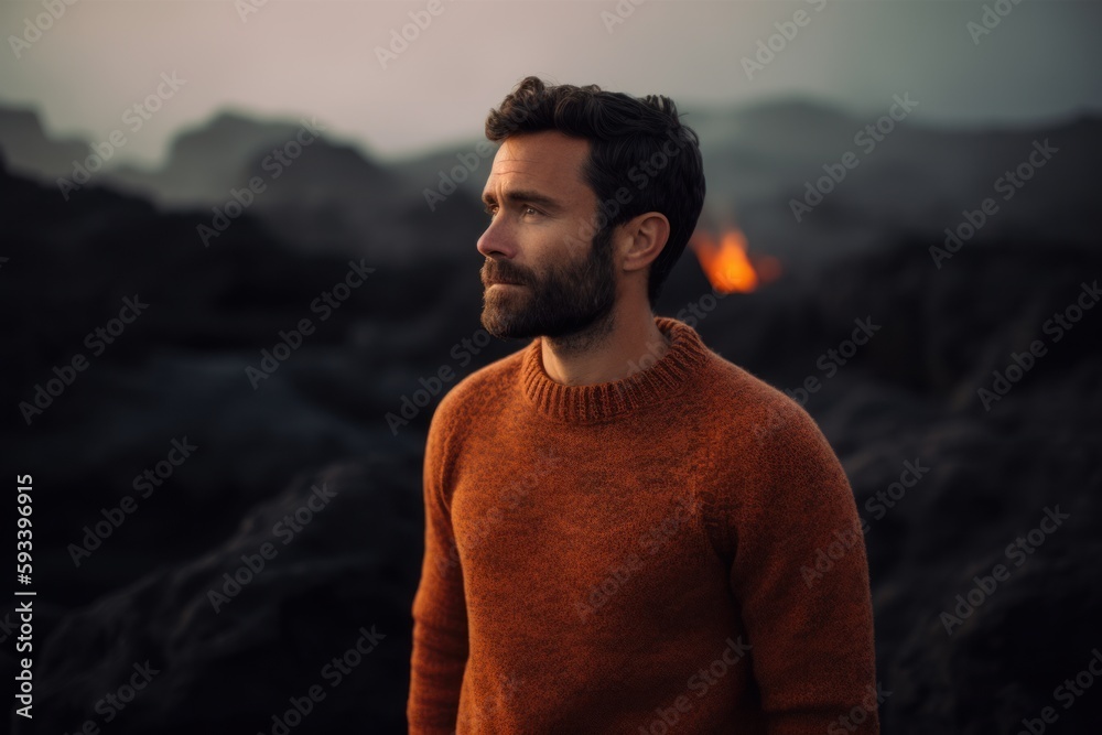 Portrait of a handsome bearded man in orange sweater standing by the fire Portrait of a handsome bearded man in orange sweater standing by the fire