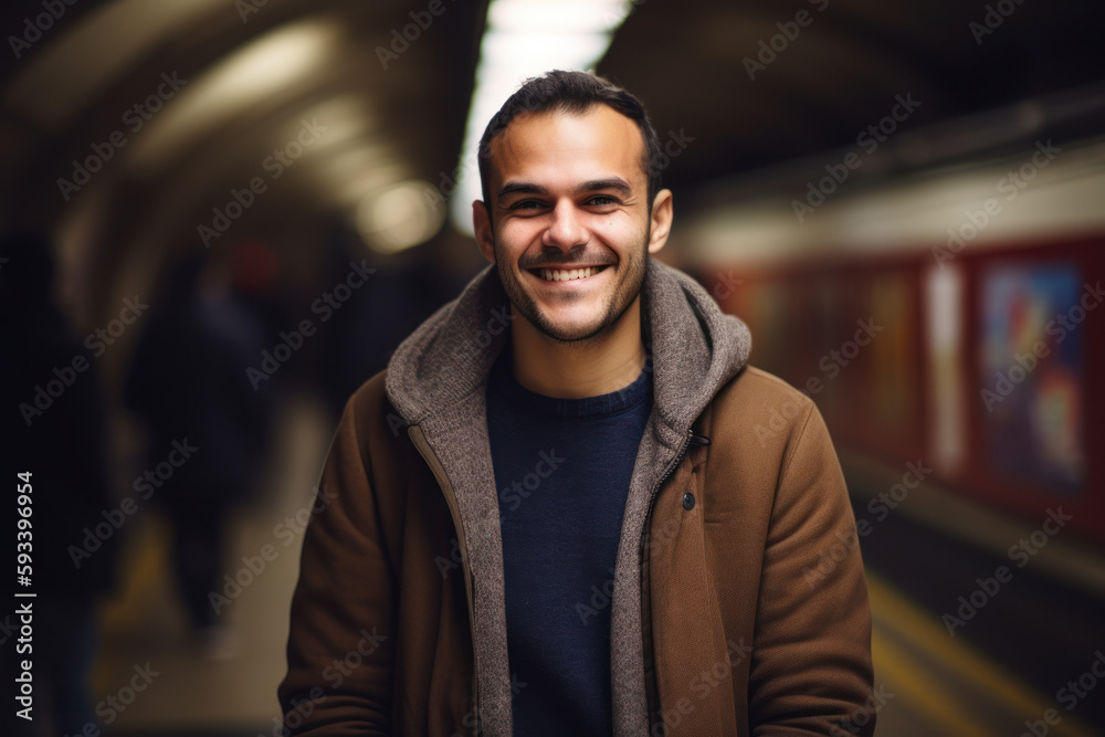 Portrait of a handsome young man smiling at the camera while standing in a subway station Portrait of a handsome young man smiling at the camera while standing in a subway station