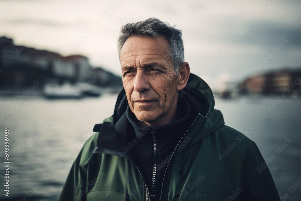 Portrait of a middle-aged man in a green jacket on the waterfront Portrait of a middle-aged man in a green jacket on the waterfront
