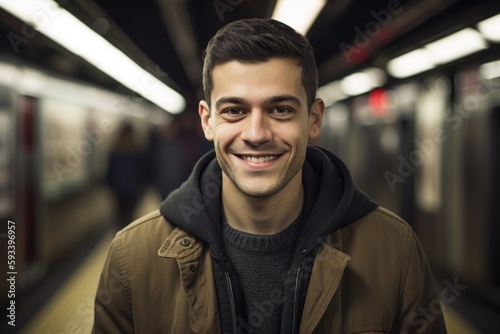 Portrait of a young man in a subway station, smiling.