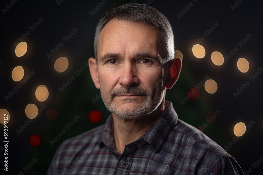 Portrait of a senior man in a plaid shirt against the background of a Christmas tree. Portrait of a senior man in a plaid shirt against the background of a Christmas tree.