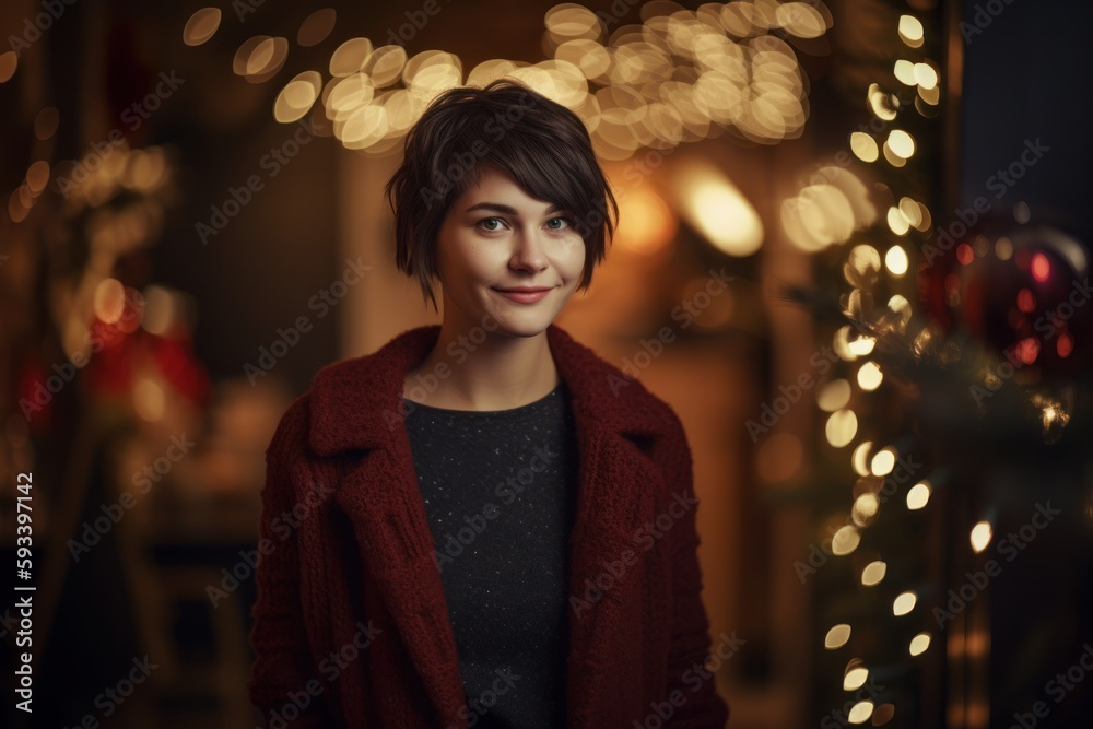 Portrait of young beautiful woman in red coat with Christmas lights on background Portrait of young beautiful woman in red coat with Christmas lights on background