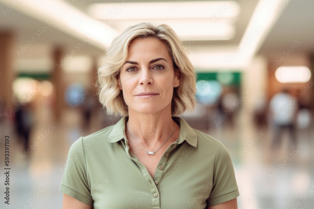 Portrait of mature businesswoman looking at camera in corridor of modern office Portrait of mature businesswoman looking at camera in corridor of modern office
