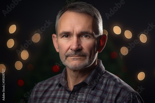 Portrait of a senior man in a plaid shirt against the background of a Christmas tree.