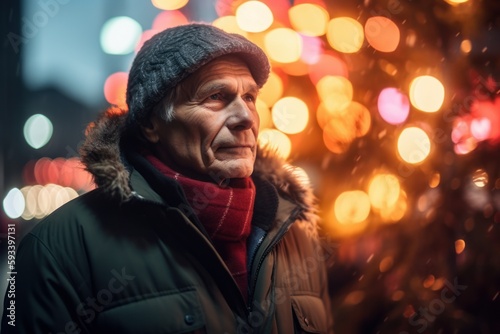 Portrait of an elderly man on the background of Christmas lights.