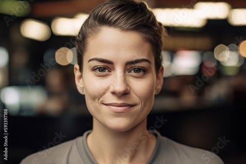 Portrait of beautiful young woman looking at camera while standing in cafe