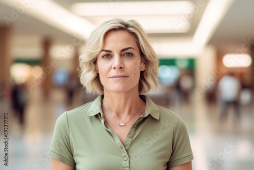 Portrait of mature businesswoman looking at camera in corridor of modern office