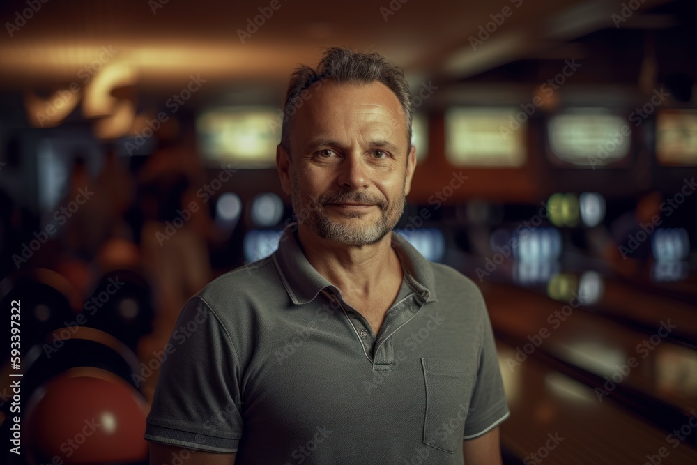 Portrait of a middle-aged man in a bowling club. Portrait of a middle-aged man in a bowling club.