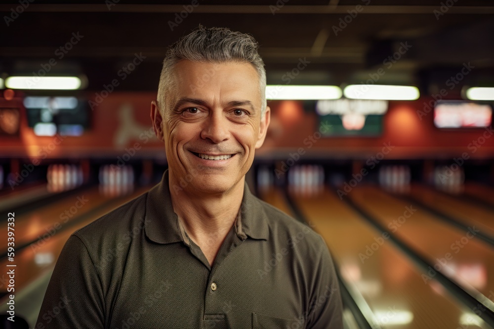 Portrait of happy mature man standing in bowling alley and smiling at camera Portrait of happy mature man standing in bowling alley and smiling at camera