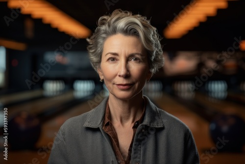Portrait of senior woman standing in bowling alley, looking at camera