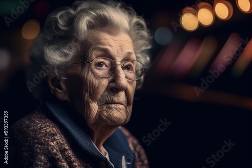 Portrait of an old woman in glasses on a dark background.