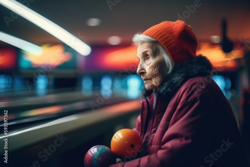 Elderly woman playing bowling in the club. Portrait of an elderly woman in a red cap and jacket.