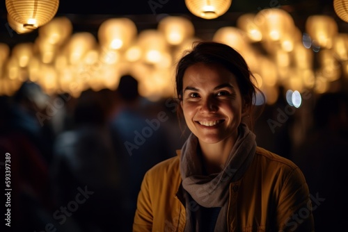 Portrait of a young woman in a city at night in the light of lanterns