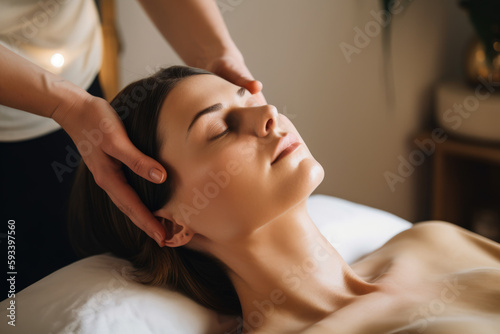 Portrait of a beautiful esthetician in a wellness center, performing a lymphatic drainage massage on a client, with a calm expression and soft lighting, generative ai
