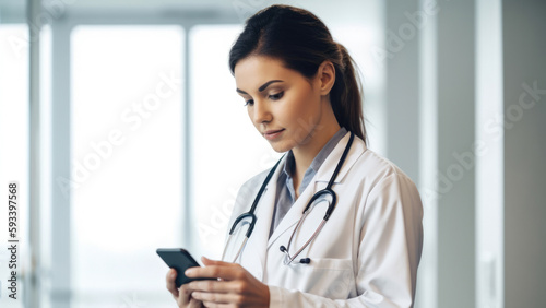 Portrait of a Beautiful Female Physician in a Lab Coat with a Stethoscope Around Her Neck, Checking Her Smartphone for Medical Updates, generative ai