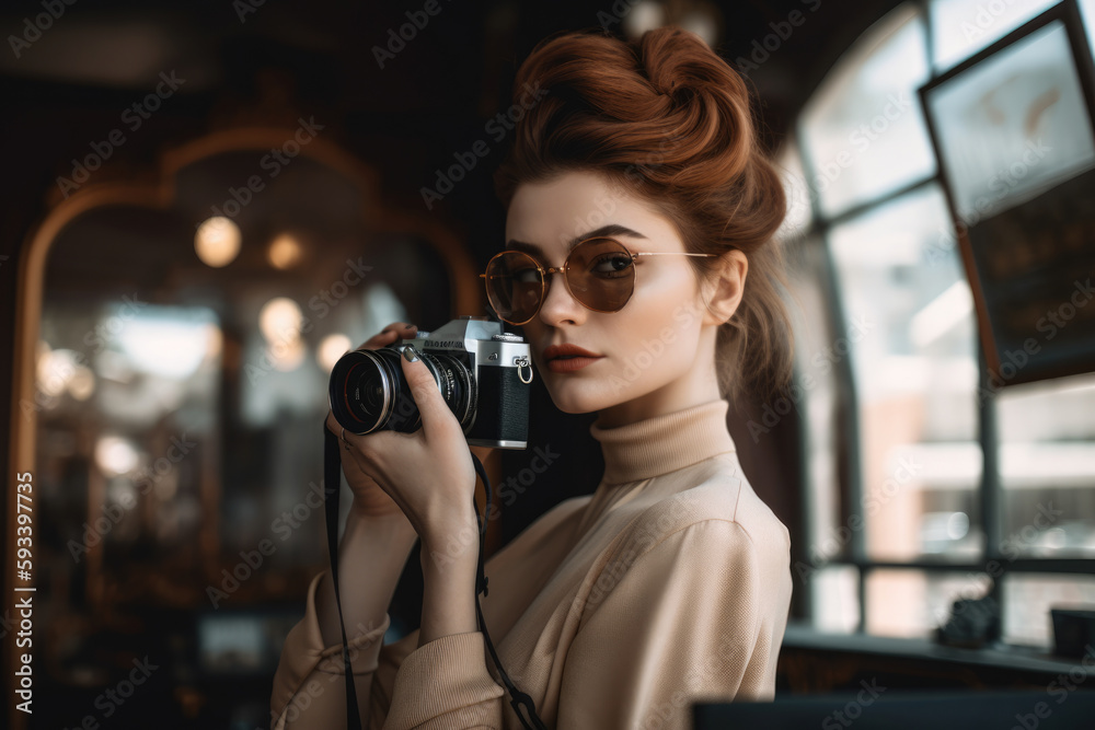 Portrait of a beautiful woman photographer shooting a fashion editorial, with a sophisticated and stylish look that complements the elegance of the models and the setting, generative ai