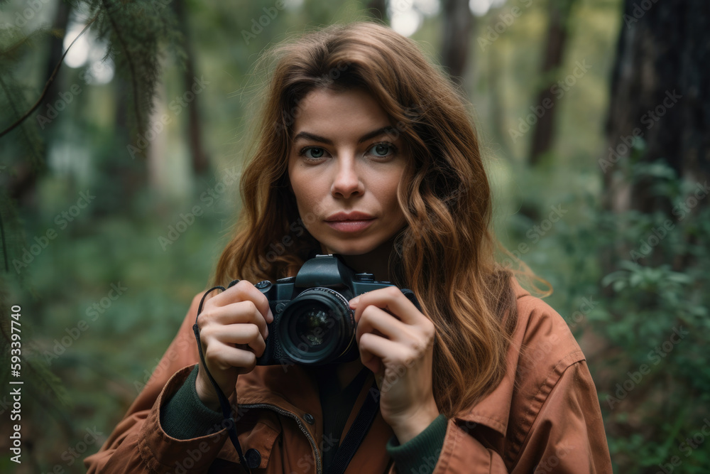 Portrait of a beautiful woman photographer taking a self-portrait with her camera in a natural setting, with a serene expression and the surroundings enhancing her beauty, generative ai Portrait of a beautiful woman photographer taking a self-portrait with her camera in a natural setting, with a serene expression and the surroundings enhancing her beauty, generative ai