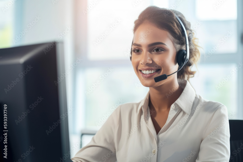 Portrait of a beautiful woman working as a customer service representative, confidently smiling at the camera while wearing a professional headset and seated at her desk, generative ai Portrait of a beautiful woman working as a customer service representative, confidently smiling at the camera while wearing a professional headset and seated at her desk, generative ai
