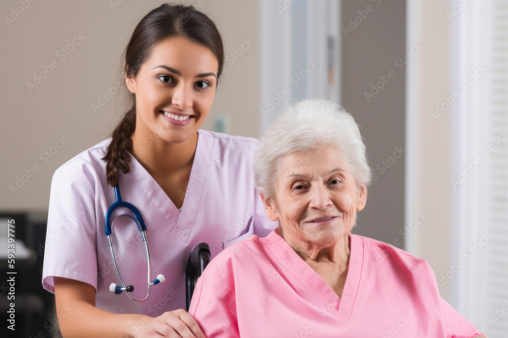 Portrait of a caring Physical Therapy Assistant wearing pink scrubs, standing beside an elderly patient on a wheelchair and holding their hand, generative ai Portrait of a caring Physical Therapy Assistant wearing pink scrubs, standing beside an elderly patient on a wheelchair and holding their hand, generative ai
