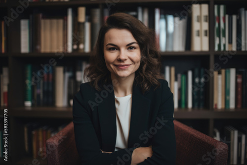 Portrait of a beautiful woman life coach sitting confidently in front of a bookshelf filled with self-help and personal development books, wearing a black blazer and a white blouse, generative ai photo