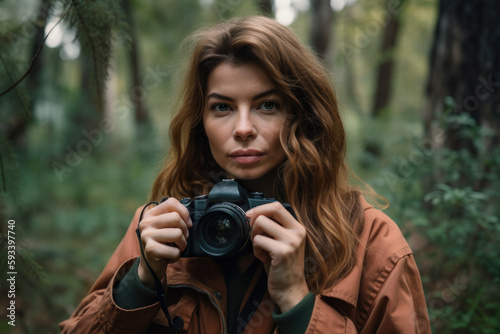 Portrait of a beautiful woman photographer taking a self-portrait with her camera in a natural setting, with a serene expression and the surroundings enhancing her beauty, generative ai © aicandy