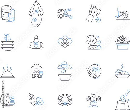 Farming factory outline icons collection. Farming, Factory, Agriculture, Crop, Cultivation, Grower, Harvester vector and illustration concept set. Tractor, Sowing, Plowing linear signs