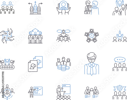 Management conference outline icons collection. Management, Conference, Event, Seminar, Business, Strategies, Networking vector and illustration concept set. Leadership, Planning, Industry linear