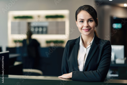 Portrait of a confident and friendly receptionist smiling in front of a modern reception desk with a bustling office in the background, generative ai