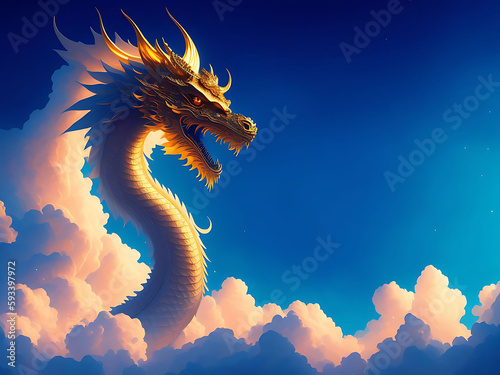 Golden dragon on blue sky. Copy space