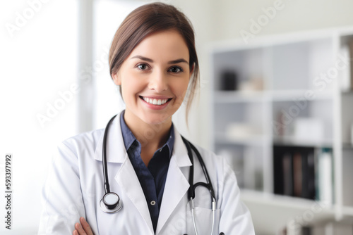 Portrait of a confident audiologist in her lab coat, holding a stethoscope and wearing a gentle smile on her face, generative ai photo
