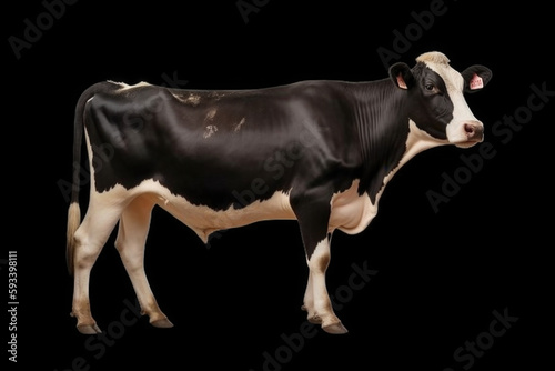 mestic black and white cow on black background with space for text. Copy space. Agriculture concept AI Generative photo