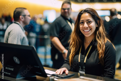 Portrait of a dedicated and hardworking meeting and convention planner, standing in front of a busy event registration desk and assisting attendees with a warm smile, generative ai