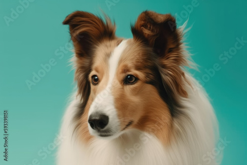  Fluffy Shetland Sheepdog. Cute dog with a fluffy coat, isolated on blue pastel background with copy space. Pet concept AI Generative © Mr. Bolota