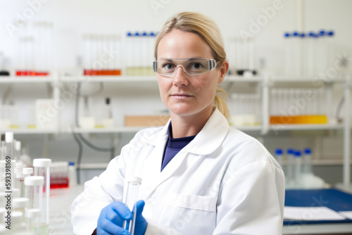 Portrait of a dedicated Occupational Health and Safety Specialist with a ponytail and a white lab coat  standing in a laboratory with test tubes and beakers in the background  generative ai