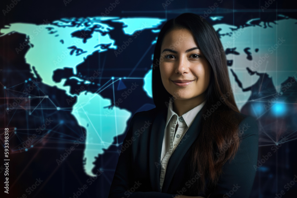 Portrait of a friendly Information Security Analyst with a smile, standing in front of a world map with cybersecurity icons, generative ai Portrait of a friendly Information Security Analyst with a smile, standing in front of a world map with cybersecurity icons, generative ai