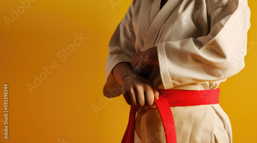 Red Belt Warriors: Person in Kimono and Red Belt on Yellow Background with Space for Text. Martial Arts Discipline Concept AI Generative