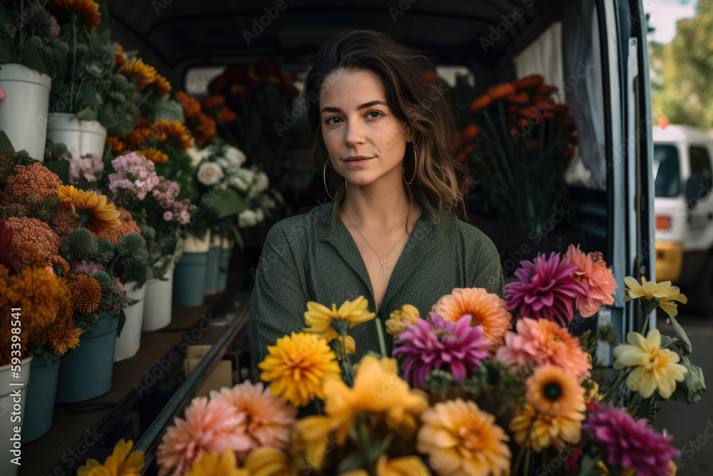 Portrait of a passionate florist holding a beautiful bouquet and standing in front of her flower truck filled with vibrant flowers, generative ai