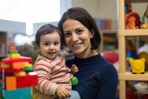 Portrait of a nurturing and compassionate female teacher in a daycare center, surrounded by colorful toys and books, holding a young child and smiling affectionately, generative ai