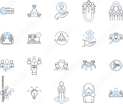 Coaching programs outline icons collection. Training, Teaching, Tutoring, Mentoring, Seminars, Courses, Programs vector and illustration concept set. Workshops, Instruction, Advice linear signs