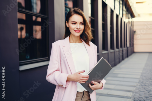 Portrait of a stylish and fashionable meeting and convention planner, standing in front of a trendy event venue and holding a tablet with a fashionable outfit and accessories, generative ai