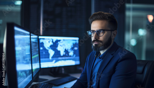 Portrait of a stylish Information Security Analyst sitting in front of multiple computer screens with a city skyline in the background, generative ai
