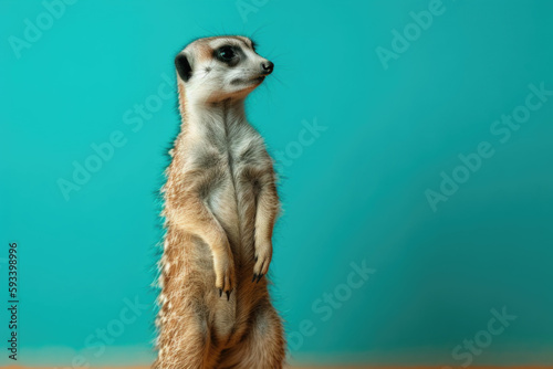 Adorable Meerkat. Cute and fluffy meerkat standing on hind legs, isolated on pastel turquoise background with space for text. Copy space. Curiosity concept AI Generative