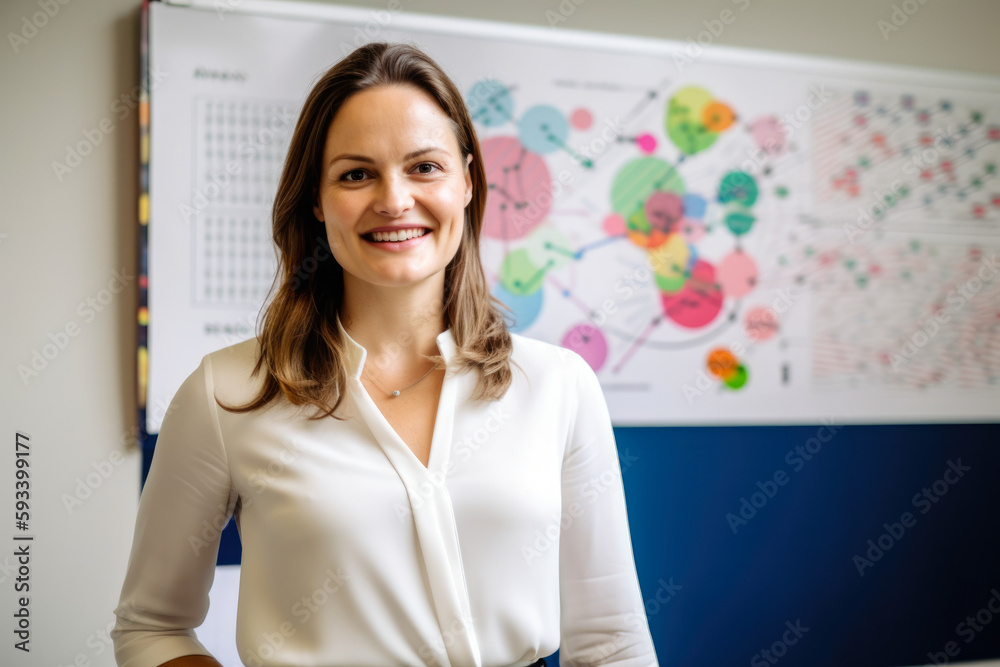 Portrait of a young and vibrant female psychologist with a cheerful smile and friendly demeanor, standing in front of a whiteboard filled with colorful charts and diagrams, generative ai Portrait of a young and vibrant female psychologist with a cheerful smile and friendly demeanor, standing in front of a whiteboard filled with colorful charts and diagrams, generative ai