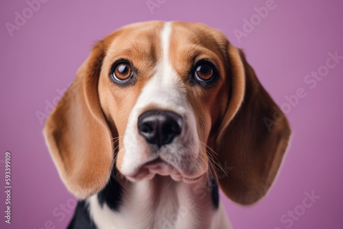 Adorable Beagle. Cute dog with floppy ears isolated on a pastel lavender background. Copy space for text. Pet concept AI Generative