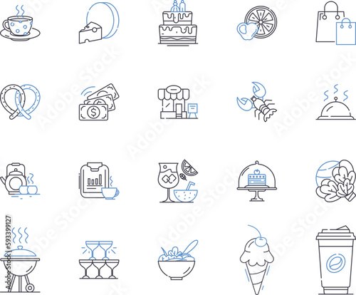 Cafe and bakery outline icons collection. Cafe, Bakery, Coffee, Tea, Cake, Dessert, Pastry vector and illustration concept set. Muffin, Croissant, Cookies linear signs