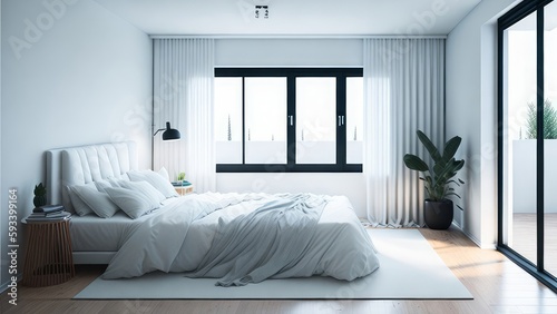 A modern mockup of a bright and spacious bedroom, illustrated in a minimalist style © Paulo