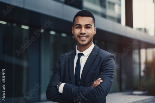 Portrait of a young and dynamic loan officer with a stylish outfit and a confident expression, standing in front of a modern office building, generative ai
